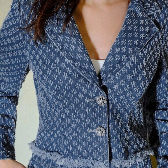 Blue Elegant Womens Denim Jacquard Lapel Collar Raw Edge Jacket & Maxi Skirt Set - Picture 2 of 7